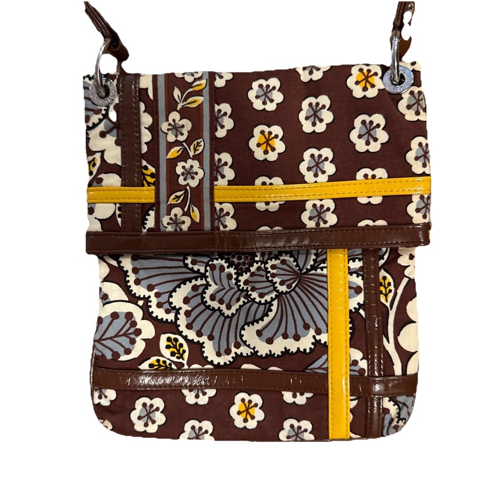 Vera Bradley Slate Blooms Frill Crossbody Flipster Bag Brown Blue Floral Yellow